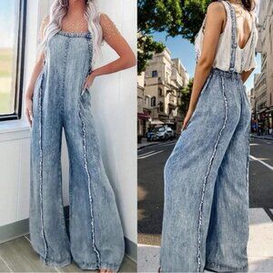 Light wash Denim Frayed Detail wide leg Jumpsuit Overalls